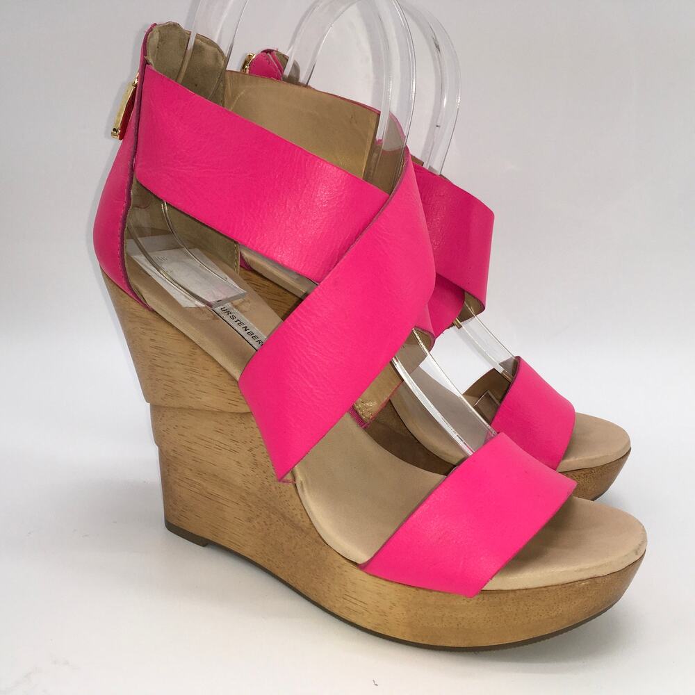 DVF Diane von Furstenberg Hot Pink Leather Wood Platform Wedge Sandals Women 10